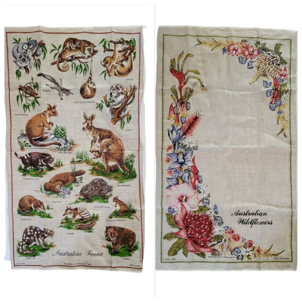 Heil AUSTRALIA FAUNA FLORAL Set of 2 Pure Linen Kitchen Towels NEW Poland